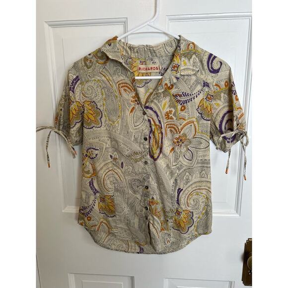 Richards Tops - Richards Floral Paisley Button Down Tie Sleeve Geometric Print Women's 1 S/M